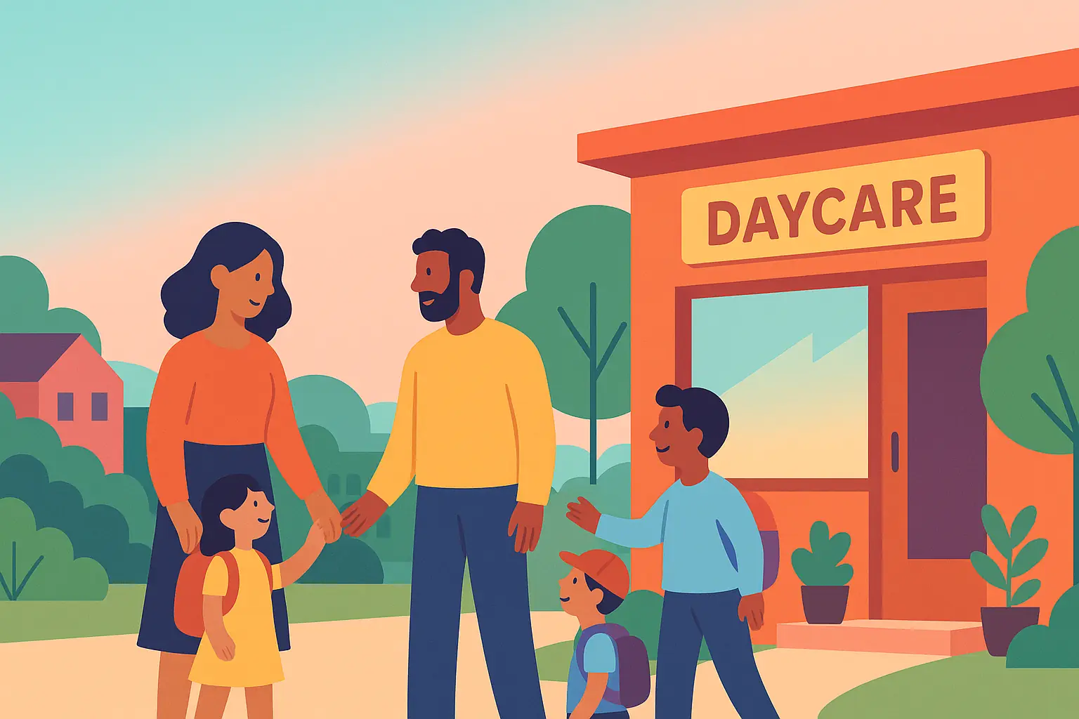 Illustration of a family talking to a daycare provider in front of a daycare building